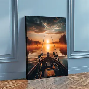[Serene Fishing Print] Tranquil Wooden Framed 1pc Serene Fishing Sunrise Canvas Print| Wall Art with Lake & Boat Scene, Perfect for Living Room, Bedroom, Home Office Decor - Ideal Gift for Anglers & Nature Enthusiasts, Coastal Home Decor