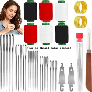 37Pcs Sewing Tool Set, Big Eye Steel Sewing Needle Kit, Threader and Needle Repair Kit Stainless Steel Needles for Hand Sewing, Needle Threader, Seam Ripper, Needle Crafts Kit