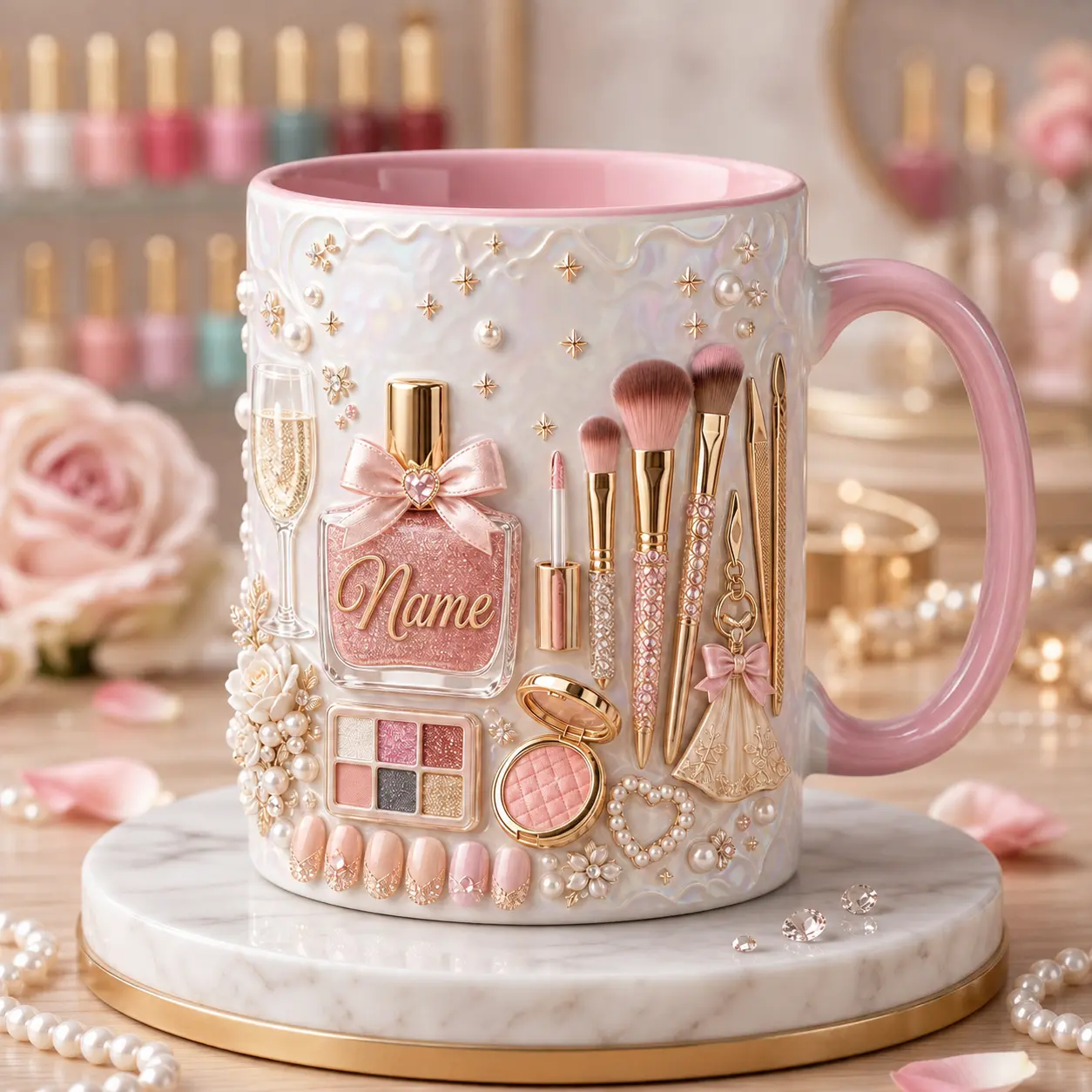 Personalized Makeup Artist Mug 2D Printed 3D Effect, Custom Name Pink Ceramic Coffee Cup with Beauty Tools, Gift for Makeup Lover, MUA, Salon Owner Women