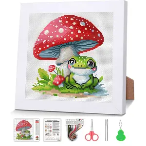 Frog Cross Stitch Kits,Mushroom Stamped Cross Stitch Kits for Beginners Adults with Wooden Framed,Partial 11CT Cross-Stitch Embroidery Kit,Crafts for Girls 8-12 Cross Stitch 7.9x7.9inch
