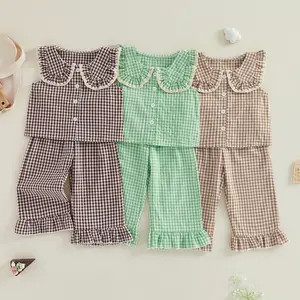 2Pcs Toddler Girls Summer Outfits Sleeveless Doll Collar Plaid Print Vest Tops and Elastic Waist Pants Set