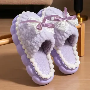 Women's Winter Indoor Home Thick-Soled Warm-Padded Plush Slippers with Decorative Bow & Lace - Cotton Material for Comfort and StyleRAIMENTRY