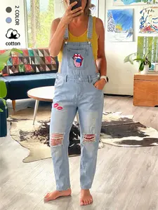 Women's Ripped Denim Overalls, Pockets, Lip Mouth Embroidery, Button Detail, Fitted H-Type, Casual All-Season, Short