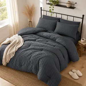 HYMOKEGE Queen Comforter Set Seersucker 7 Pieces, All Season Luxury Bed in a Bag for Bedroom, Bedding Set with Comforters, Sheets, Pillowcases & Shams, Dark Grey