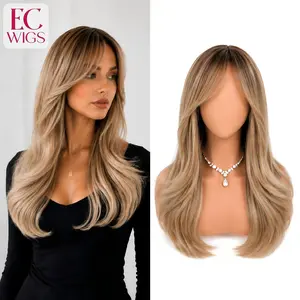 EC Wigs MANDA Women's 22-Inch Highlight Mix Blonde with Dark Roots Synthetic Material Wig, Body Curl with Bangs, Soft Fluffy Natural Look, Snug Fit, Machine Made Wigs, Synthetic Material Wigs