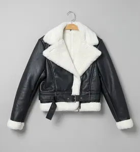 Women's Faux Leather Moto Biker Jacket Winter Warm Shearling Lined Aviator Coat with Faux Fur Collar & Cuffs Patchwork