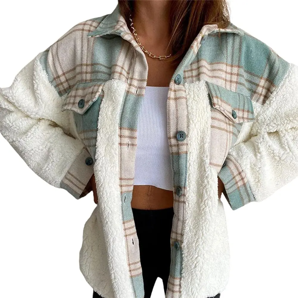 Chouyatou Women's Collared Loose Fuzzy Sherpa Fleece Spliced Leopard Print Plaid Shacket - Long Sleeve Thermal Outerwear Top for Chic Casual Winter Wear