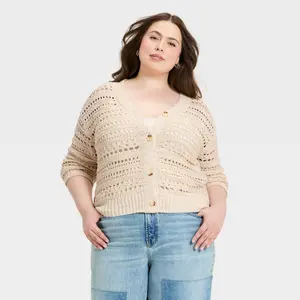 Women's Openwork Cardigan Sweater - Universal Thread Cream 3X