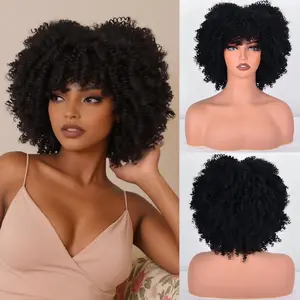 Ourwigs 10 Inch Short Afro Kinky Curly Hair Wigs for Women, Fluffy Glueless Wigs with Bangs, Wear and Go Synthetic Full Machine Wigs for Daily Party curly Chrismas Gifts Thanksgiving