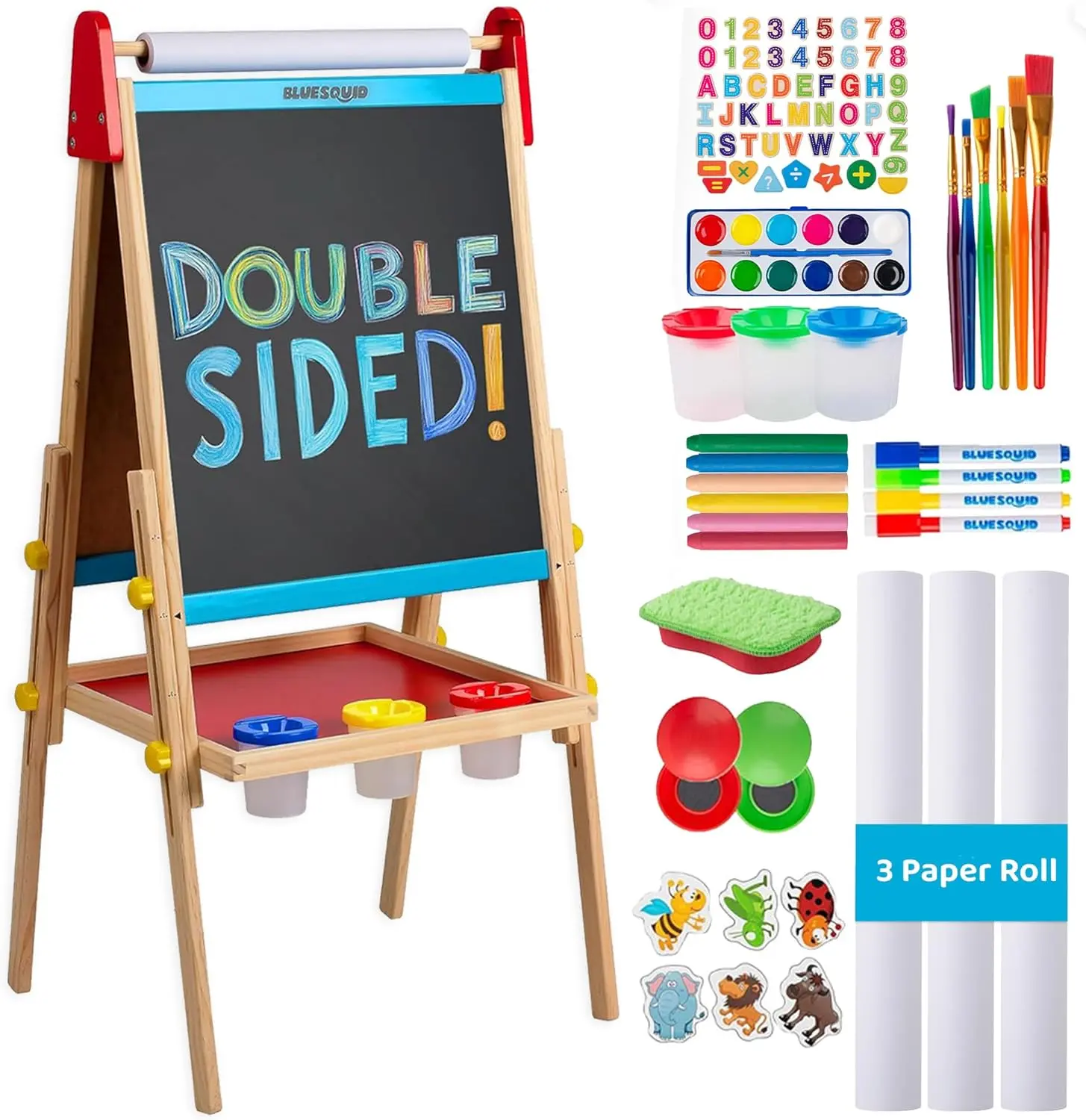 Blue Squid Art Easel for Kids with Paper Roll x 3, Includes 100+ Accessories, Double Sided Adjustable Wooden Painting Easel with Magnetic Chalk Board, White Board for Toddlers Ages 3,4,5,6,7,8,9,10,12