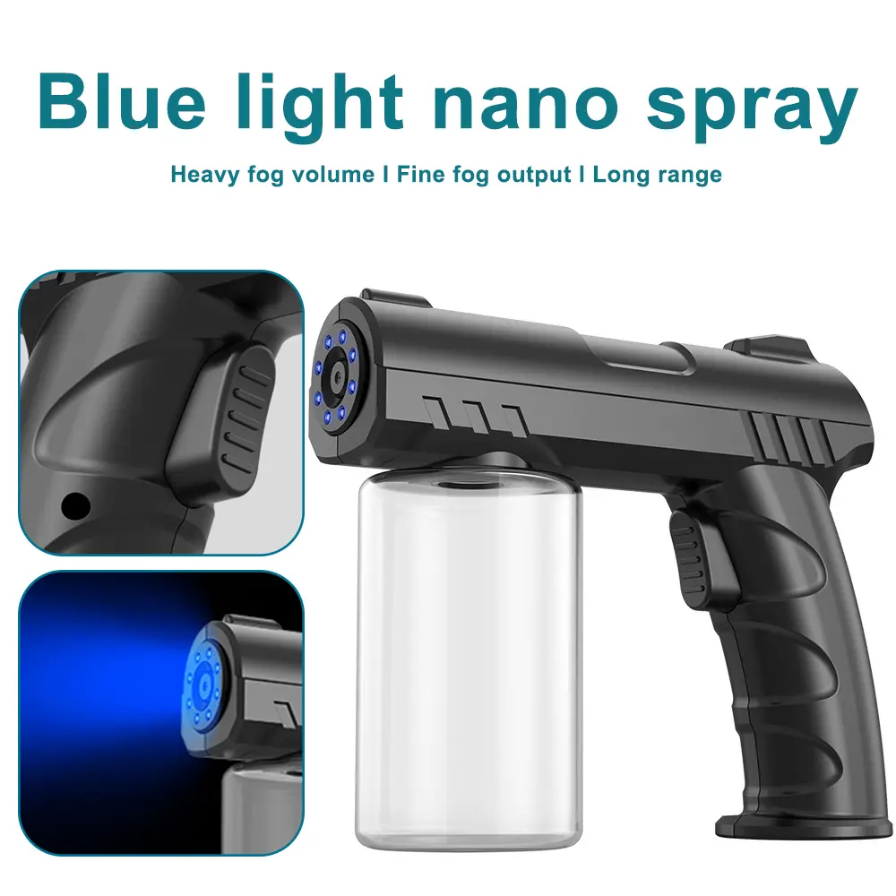 280ML Compact Wireless Electric Sanitizer Sprayer with Water Tank, USB Rechargeable Nano Blue Light Atomizer, 1500mAh Battery Anti-Clog Fine Mist Sprayer (Covers More in Less Time), Single Unit USB Cable Set for Home Cleaning & Hair Hydration