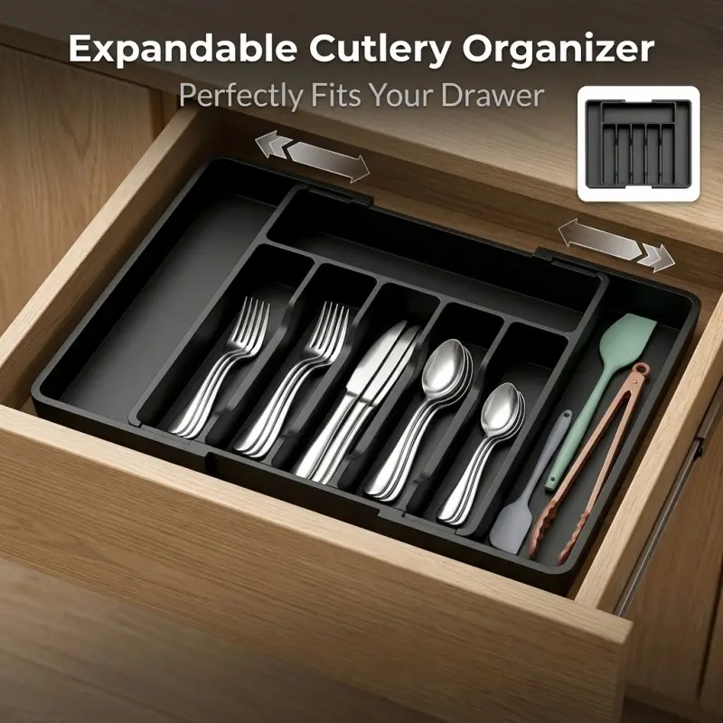 Retractable cutlery drawer organizer, Durable Plastic Organizers, with adjustable multi-compartment trays, a space-saving storage solution designed for silverware, cutlery, and small kitchen tools in kitchen drawers, Cutlery storage box
