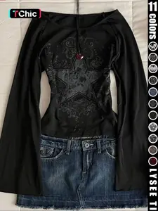 Fashion and casual Y2K women's five pointed star printed round neck flared sleeve top
