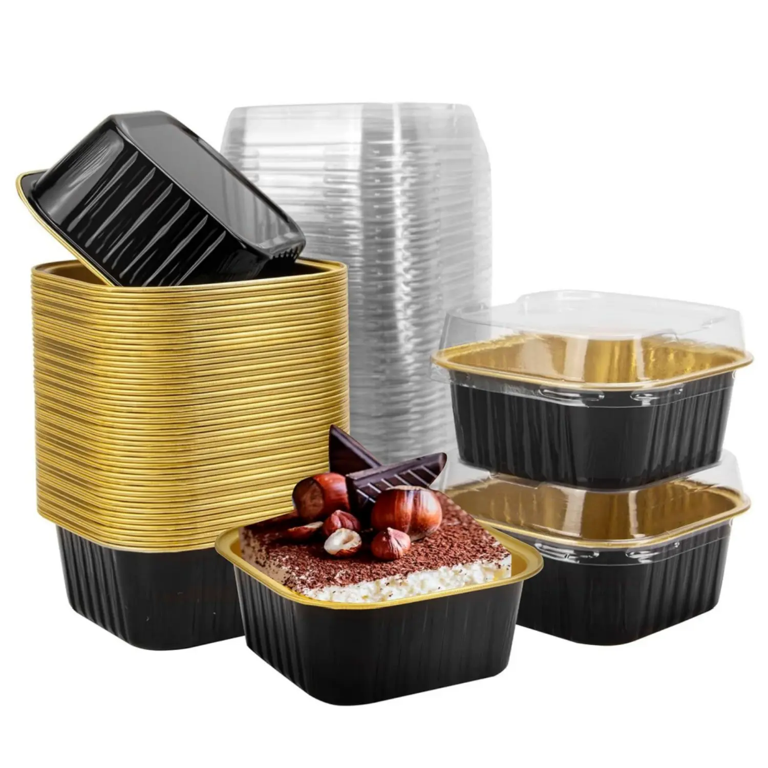 50Pcs 10oz Black Mini Disposable Aluminum Foil Square Brownie Pans with Lids, 4.4x4.4 Baking Tools, Indoor Bakeware Kitchen Baking Gadget for Individual Cakes - Home Improvement