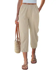 GRAPENT Capri Pants for Women Linen Barrel High Waisted Pull On Elastic Waist Casual Summer Capris Beach Vacation Pants