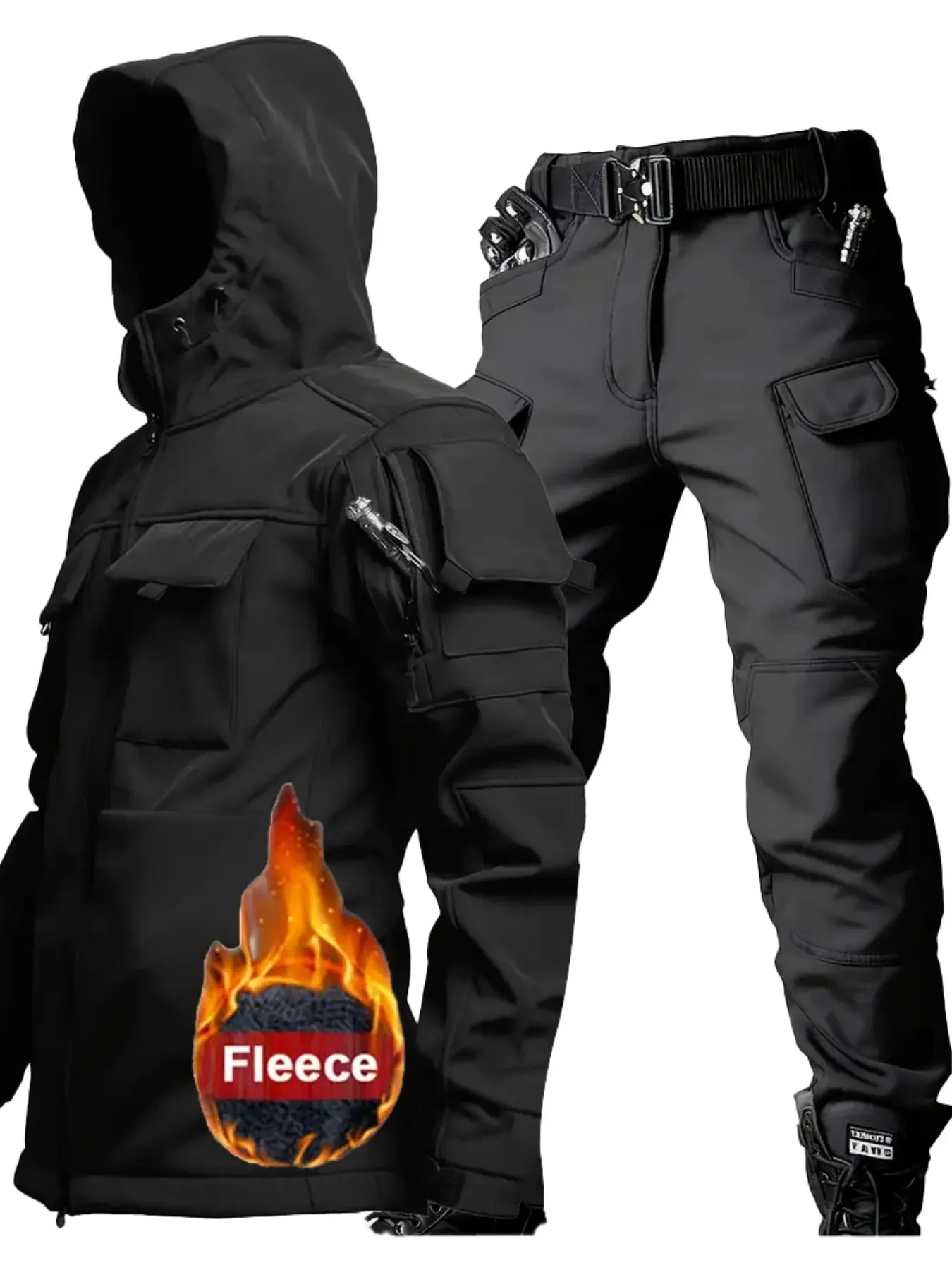 2-Piece Men's Fleece-Lined Workwear Set, Fall Winter Sportswear, Solid Sports Set, for Fall/Winter Shark Skin Softshell Windproof Hooded Jacket and Outdoor Sports Hiking Hunting Pants Ideal for daily work, outdoor activities, hiking, camping