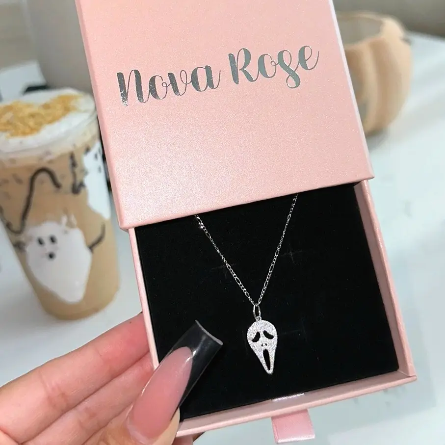 Women's Nova Rose Ghost Face Necklace - Figaro Brass Adjustable Extender Chain, High Quality Material, Elegant Spooky Touch, Unique Design Jewelry, Ideal for Halloween & Casual Formal Wear, Gifts for Women,summervibes