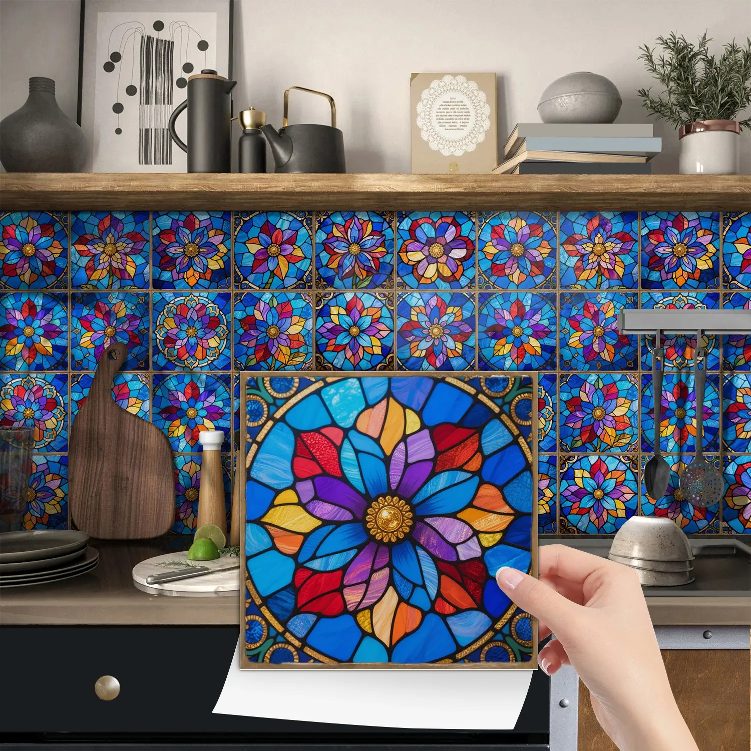 24PCS/Box NHZ Stained Glass Style Crystal Film Tile Stickers | Peel & Stick Waterproof Oil-Proof for Kitchen Backsplash/Bathroom/Furniture/Stairs Wall Sticker