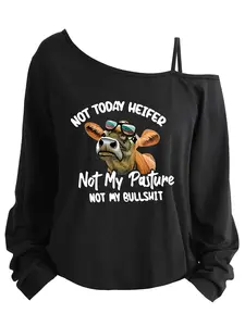 Plus Size Women's Loose-Fit Long Sleeve Cami Top, Asymmetrical Neckline, Letter Print, All Seasons, Sizes 1-8xl