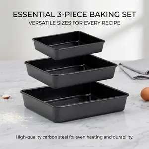 3-Piece Non-Stick Carbon Steel Baking Pan Set, Rectangular Roasting & Cake Pans with Even Heating, Durable Bakeware for Oven Cooking & Baking