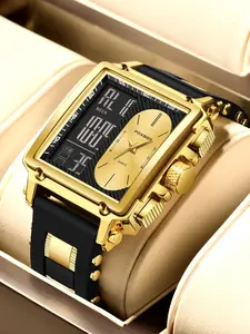 Men's Casual Fashion Square Dial Digital Analog Quartz Watch, Modern Fashionable Wristwatch, Fashion Waterproof Watch for Party, High End Watch, Trendy All-match & Exquisite Watch for Gift with Box