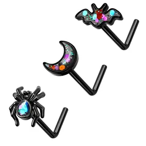 Oufer 20G 3PCS Spider/Moon/Bat L-Shaped Nostril Studs Set - Black Nose Piercing Jewelry