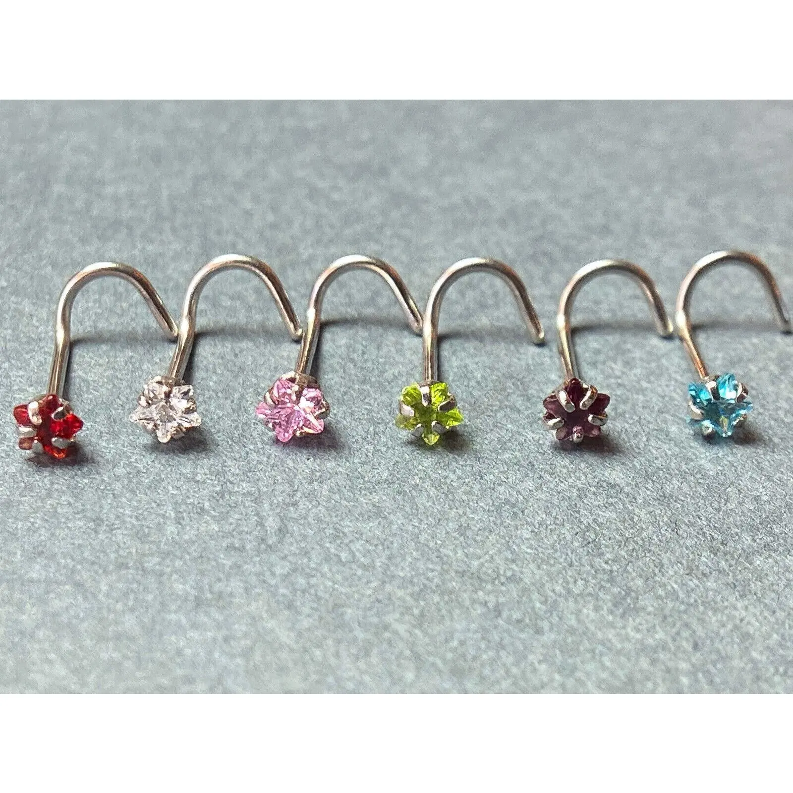 1pc Surgical Steel Nose Screw Ring w/Star Prong Set Gem 18g,20g - choose color