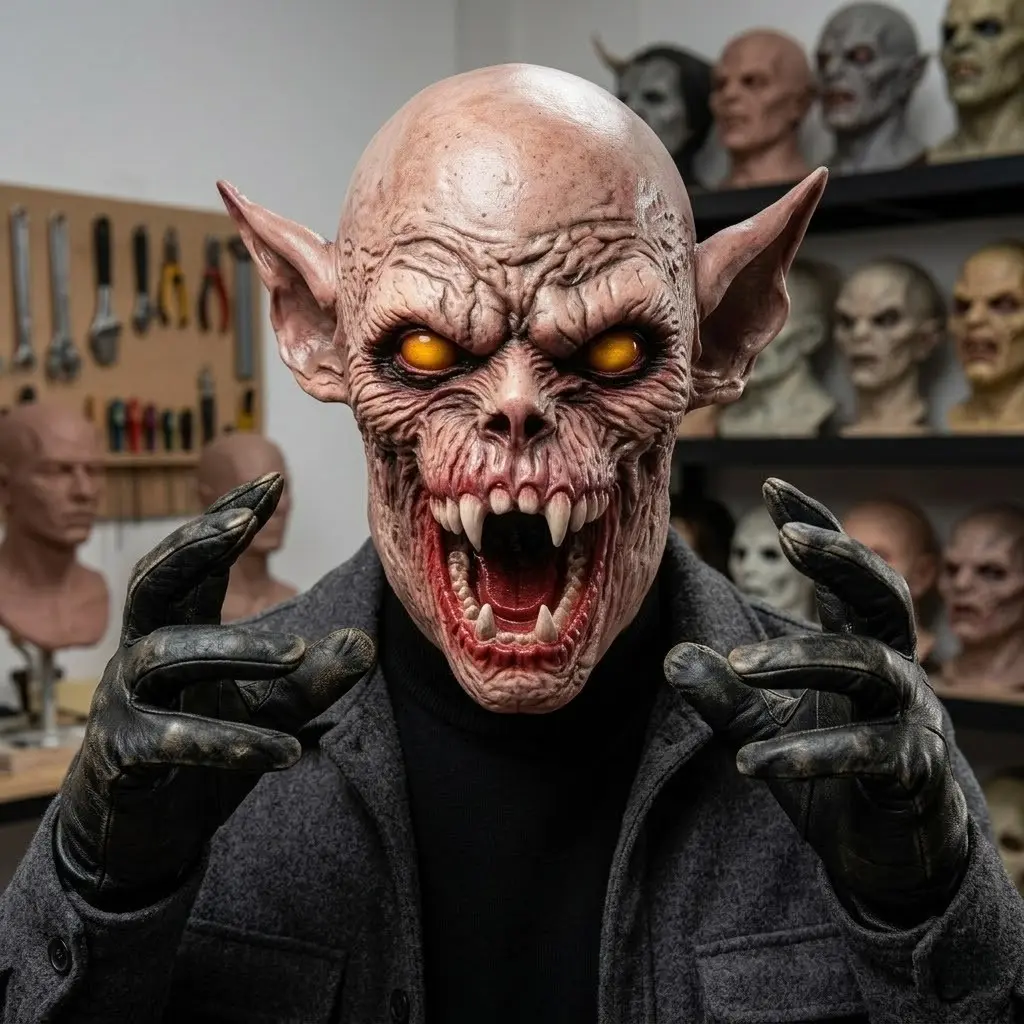 Scary Vampire Demon Full Head Mask, Costume Mask, Realistic Latex Horror Mask with Sharp Fangs & Elf Ears, Halloween Cosplay, Themed Parties, Party Supplies