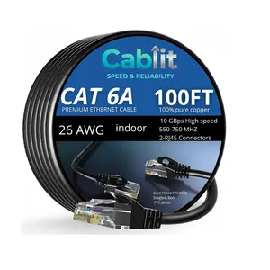 CABLIT Cat6A Ethernet Cable 100ft – 10Gbps 26AWG Bare Copper UTP, 550MHz High-Speed LAN Network Patch Cord, Snagless RJ45 Gold-Plated Connectors, Black