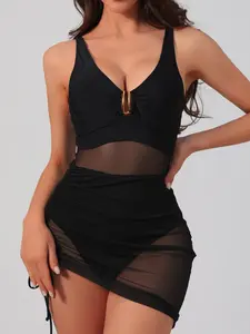 Women's Solid Color Irregular Hem Sheer Mesh Swimsuit, Sexy Fashion Chic One-piece Swimwear for Beach Holiday Vacation, Ladies Swimsuit for All Seasons, Swim Bodysuit, Swimsuit Style