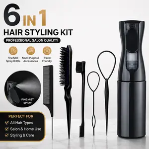 6-in-1 Hair Styling Kit with Continuous Mist Spray Bottle，Professional Slick Back Hair Tool Set for Women，Ultra Fine Mist Spray Bottle & Edge Control Comb Kit，Salon Quality Slick Hair Styling Tool Kit