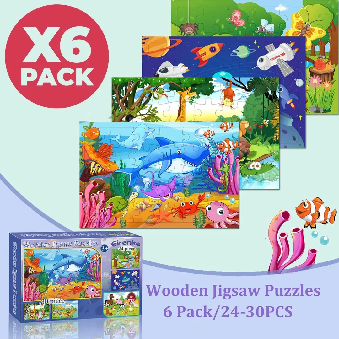 Puzzles for Kids Ages 3-5, Wooden Jigsaw Puzzles 24-30 Pieces for Toddler Children Learning Educational Puzzles 3 4 5 6 Year Toys for Boys and Girls - 6 Puzzles to go
