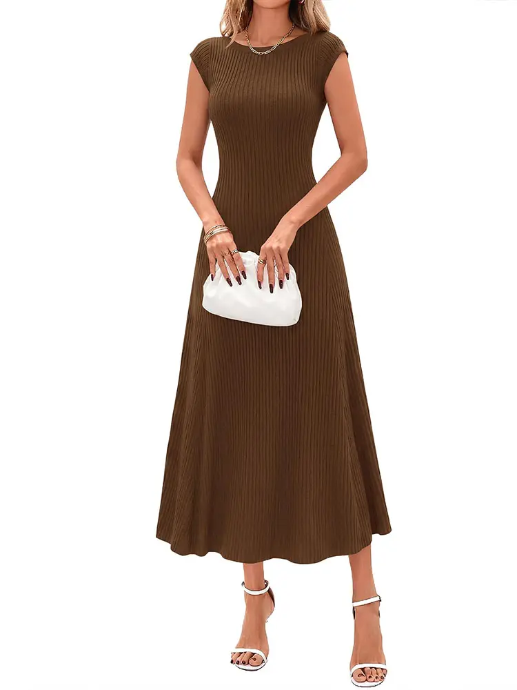 BTFBM Womens Summer Dresses 2026 Asymmetrical Neck Short Sleeve Pleated Knit Spring Sweater Midi Dress Business Casual #Clearance