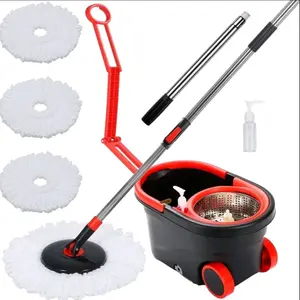 360 Spin Mop & Bucket Set with Replacement Heads Adjustable Handle Three-section Pull Rod 2 Wheels Flexible Convenient for Tile Wood Laminate Vinyl Floors - Smooth, Cleaning