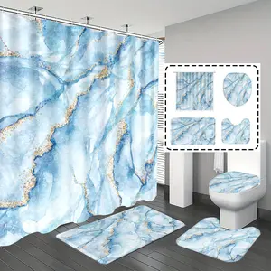 [Popular Choice]1pc/4pcs, bathroom curtains shower, bathroom set, shower curtains, bathroom rug, home decoration, bathroom mat, blue marble pattern, simple and luxurious theme decoration, bathroom set, with 12 hooks.