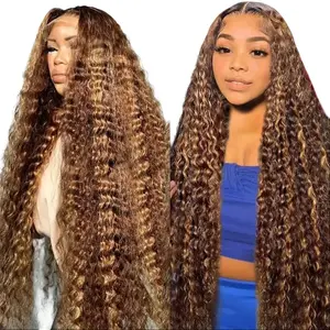 Honey Blonde 13x6 Deep Wave Lace Front Wigs Human Hair 30 inch 4/27 Highlight Ombre HD Transparent Lace Front Wigs for Natural Look