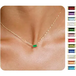 Birthstone Necklace for Women Dainty Trendy 14K Gold Plated Emerald Couple Necklaces Simple Green Diamond Pendant Choker Blue Cute Cubic Zirconia Jewelry for Women Mothers Birthday Gifts