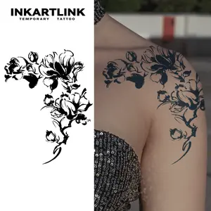 INKARTLINK Tattoo Tech, 2 Sheets Large Semi Permanent Tattoo, Adult Art Design Temporary Tattoos, Lasts 1-2 Weeks, Waterproof, Realistic Look, No Adhesive, No Reflection (Dark Flower Design)