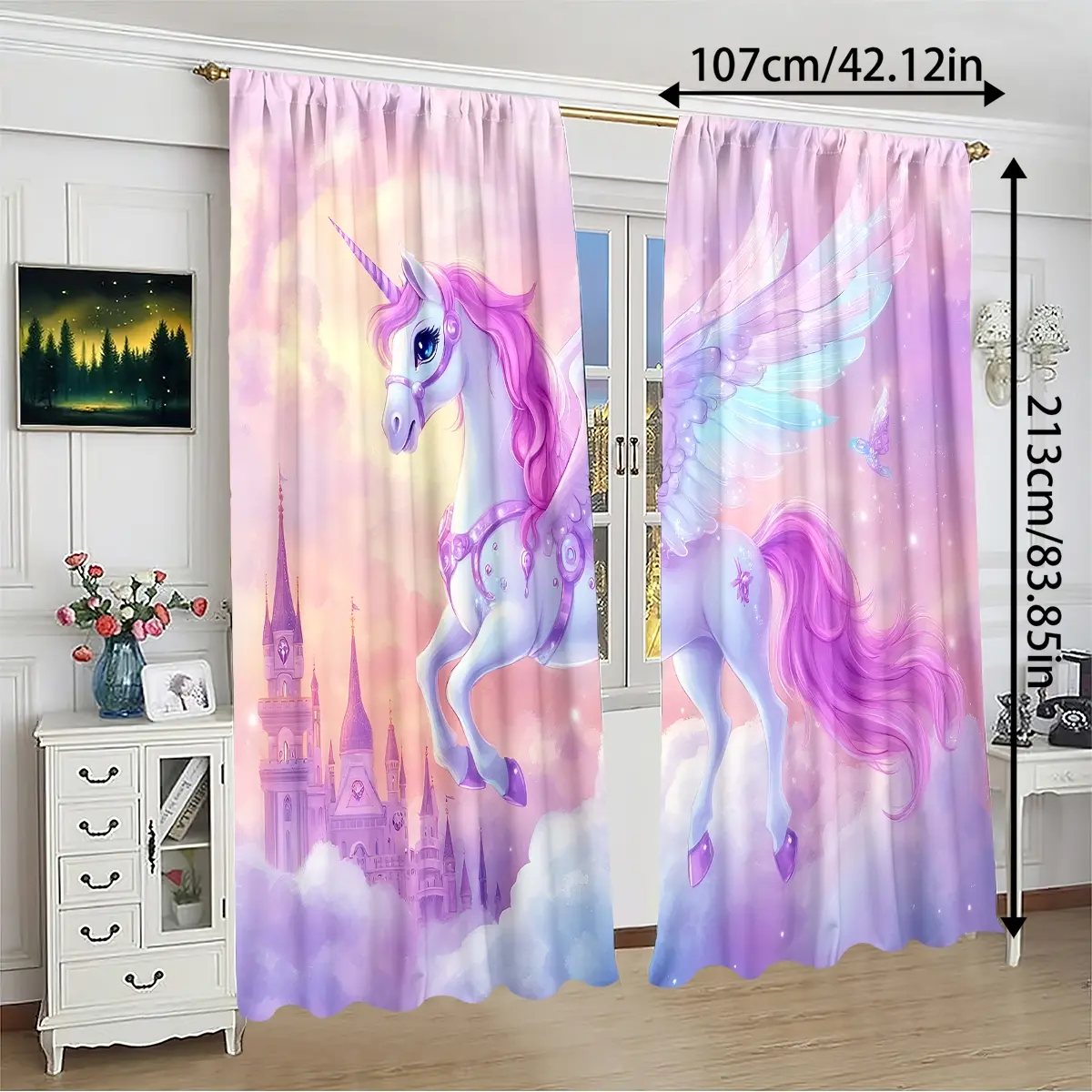 2 Piece Unicorn Print Curtains, Winged Unicorn Pattern, Rod Pocket Design, Half-Transparent Privacy Curtains for Bedroom Living Room Kitchen Closet Study Home Decor, Window Curtain, Window Drapes