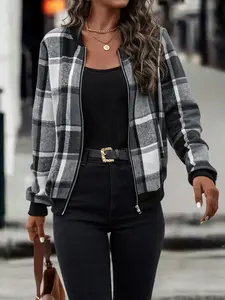 Women's Plaid Zipper Pilot Jacket Coat, Stylish Casual Outerwear, Perfect for Fall & Winter, Comfortable and Trendy Design, Casual Fashionable Outerwear