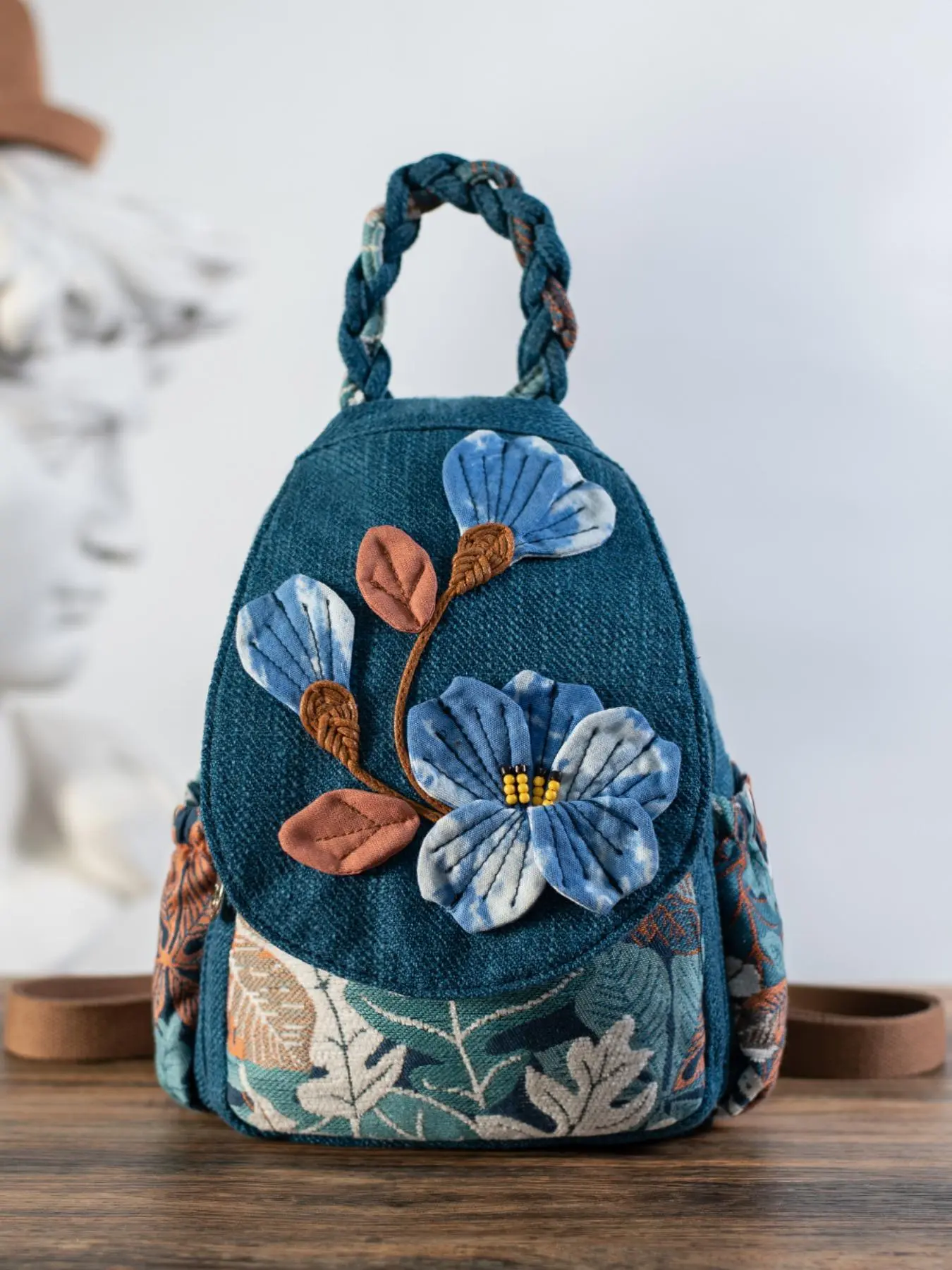 Boho Style Flower Pattern Embroidered Backpack, Fashionable Multi-compartment Backpack with Braided Handle, Casual Versatile Backpack for Women & Men for Daily Use, Floral Round Backpack, Casual Daypack Backpacks