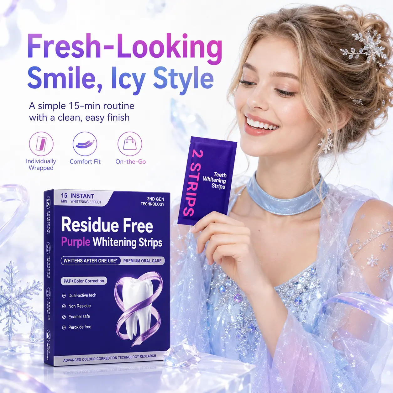Purple Teeth Whitening Strips, 15-Minute Color Correcting Whitening Strips for Teeth, Low-Residue At-Home Teeth Whitening Products