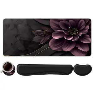 4pcs Black Gold Purple Floral Design Mouse Pad + Keyboard Wrist Rest + Ergonomic Mouse Pad + Coaster Set, Office Accessories Set with Ergonomic Wrist Support, Computer Mat for Desktop Decoration, Suitable for Home Office Gaming