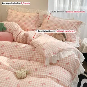 3-piece Set Of Pink and Blue Checkered Bow Bedding, Ruffled Edge Duvet Cover Set, Bedroom Bedding, Including 1 Duvet Cover and 2 Pillowcases, No Comforter,the Duvet Cover Is Equipped with    Zipper Closure, Easy To Care , Machine Washable
