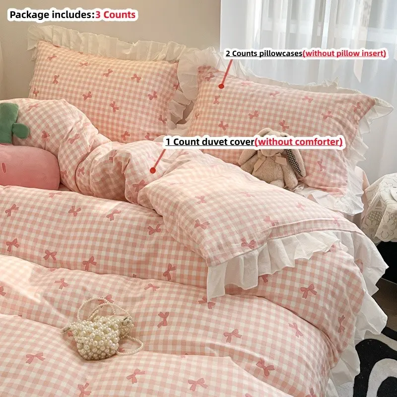 3-piece Set Of Pink and Blue Checkered Bow Bedding, Bed Covers, Ruffled Edge Duvet Cover Set, Including 1 Duvet Cover and 2 Pillowcases, No Comforter, Duvet Cover with Zipper Closure, Easy To Care, Machine Washable