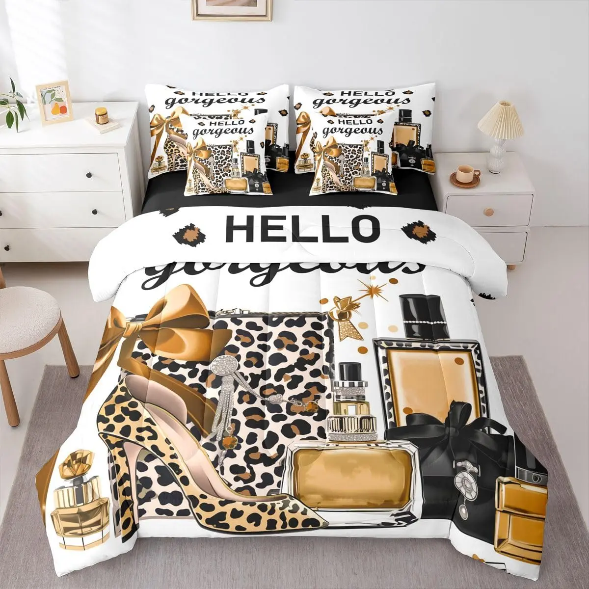 Brown Leopard Cheetah Print Bedding Set (,7 Pieces) | Fashion Modern Luxury Comforter Set Women Perfume High Heelsy Bed Sets Trendy Stylish Bed in A Bag