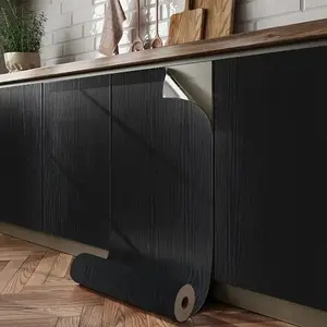 A roll of black wood grain stickers, waterproof and oil-proof vinyl film, Wallpaper, suitable for kitchen, bathroom, furniture renovation, easy to paste and remove, modern hollow pattern, semi-gloss, self-adhesive, reusable PVC material, Decor