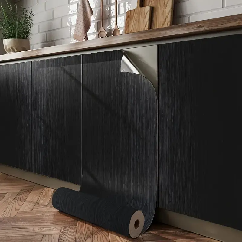 Black wood grain stickers, waterproof, oil-proof vinyl film, Wallpaper, Peel and stick wallpaper designs, suitable for kitchen, bathroom, furniture, interior walls, easy to paste and remove, hollow pattern, semi-gloss, self-adhesive, reusable PVC material