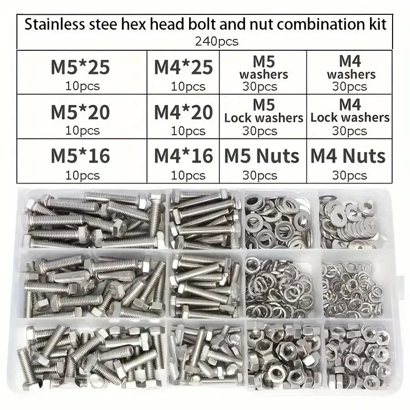 240pcs Premium Stainless Steel Hex Bolt & Nut Set, Assorted Nuts and Bolts, Genuine Metal Hardware, Durable Corrosion-Resistant with M4 & M5 Sizes, Full Thread & Washers for Mechanical Applications, Heavy Duty Bolts, Stainless Steel Bolts And Nuts Kit