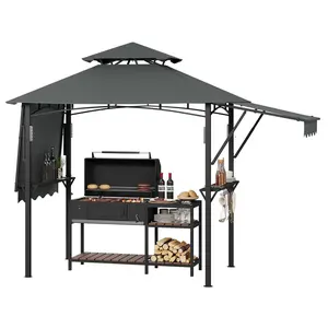 9x5 Grill Gazebo Outdoor BBQ Canopy, Double Tier Patio Grill Shelter with Adjustable Dual Side Awnings, 2 Handy Shelves, Hooks & Ceiling Light Hook, Heavy Duty Steel Frame for Backyard-Grey
